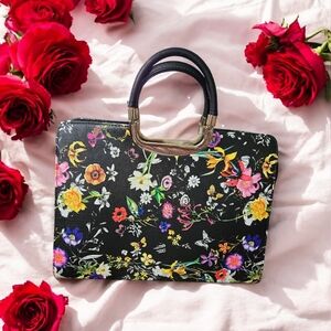 Daesin Floral & Butterfly Black Handbag with Gold Accents